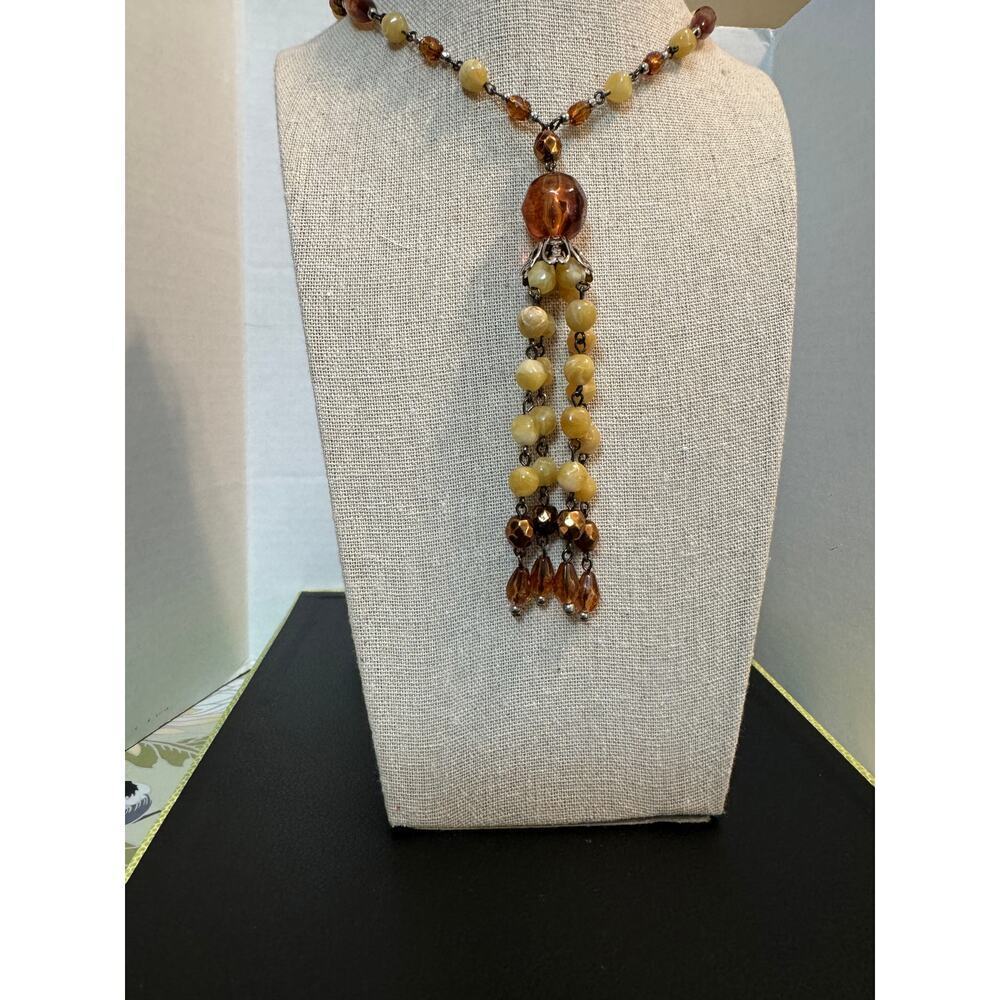 Avon Vintage Long Necklace with Natural Tan, Copper, and Brown Beads & Tassel